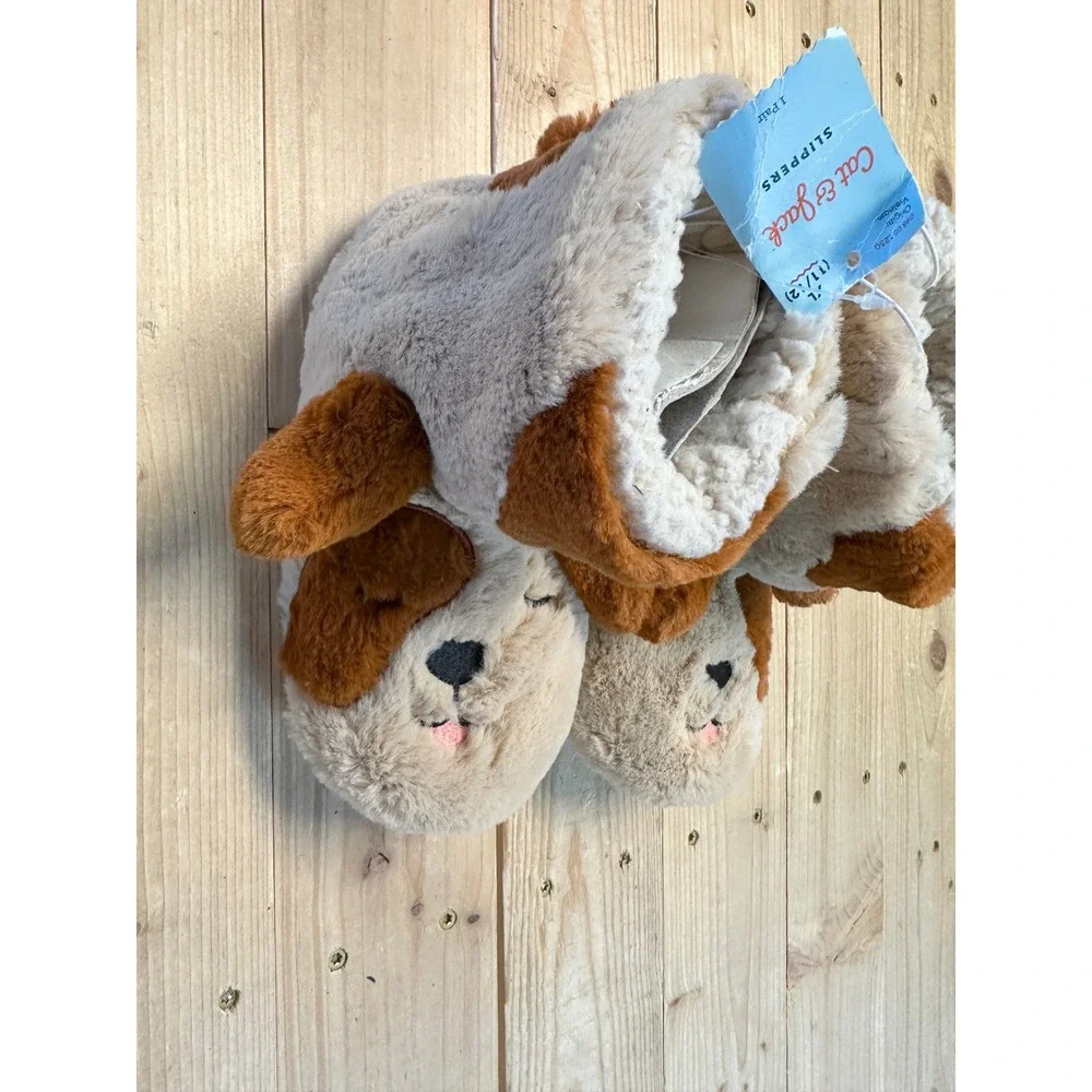 Cat & Jack Kids Puppy Dog Faux Fur‎ Bootie Slippers Tan Brown XL 11/12 NWT
